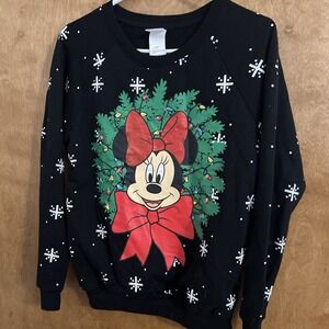 Disney Minnie Mouse Ugly Christmas‎ Sweatshirt Womens Jr Small Black No Lights